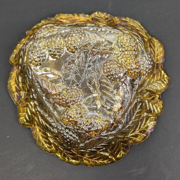 VINTAGE Marigold Carnival Glass Grapes Leaf Candy Dish Trinket - Picture 2 of 6
